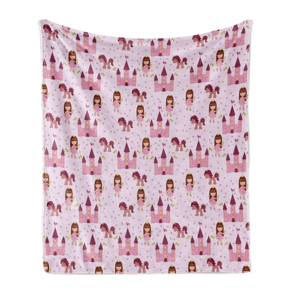 Fantasy Soft Flannel Fleece Blanket, Princes with Castle and Unicorn Stars Background Cartoon Drawing Style, Cozy Plush for Indoor and Outdoor Use, 50" x 60", Pale Mauve Brown Pink, by Ambesonne