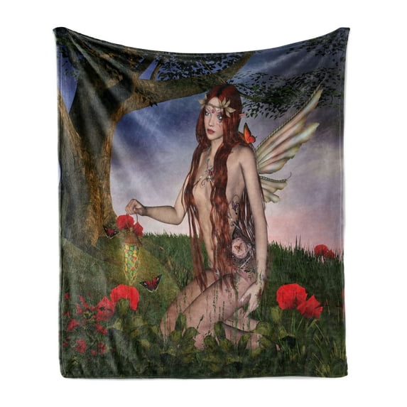 Fantasy Soft Flannel Fleece Blanket, Redhead Fairy with Wings Holding a Butterfly Catcher Lantern Surrounded by Poppies, Cozy Plush for Indoor and Outdoor Use, 60" x 80", Multicolor, by Ambesonne