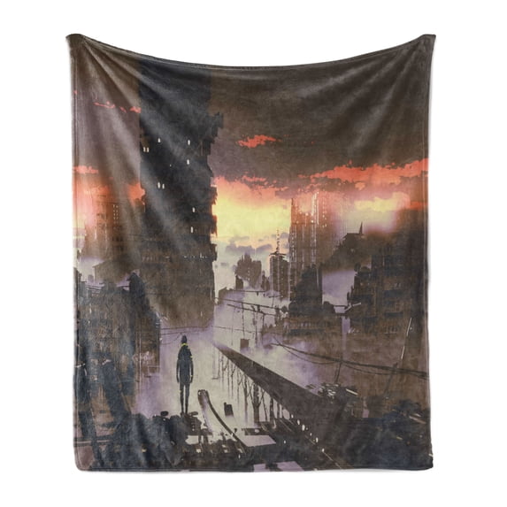 Fantasy Soft Flannel Fleece Blanket, Science Fiction Abandoned City with Robot Walking Futuristic Digital Graphic, Cozy Plush for Indoor and Outdoor Use, 70" x 90", Dark Taupe Salmon, by Ambesonne