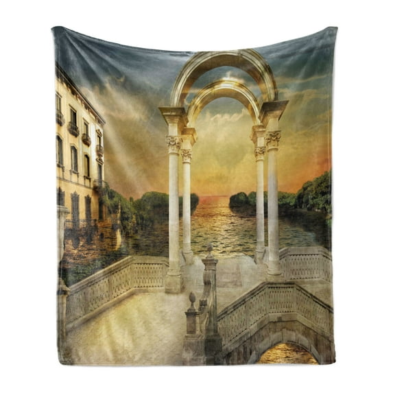 Fantasy Soft Flannel Fleece Blanket, Surreal Bridge Gateway with Ornaments Enchanted Woods Fairytale Land, Cozy Plush for Indoor and Outdoor Use, 50" x 70", White Pale Yellow Green, by Ambesonne
