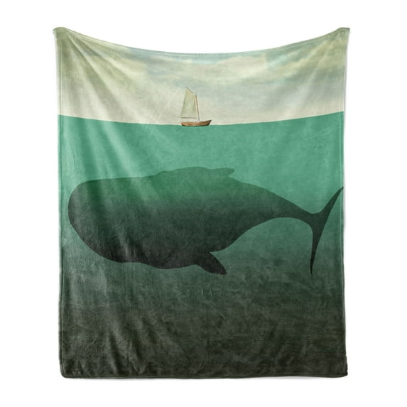 Fantasy Soft Flannel Fleece Blanket, Surreal Giant Whale in the Middle of Sea and Little Sailboat on the Surface Print, Cozy Plush for Indoor and Outdoor Use, 60" x 80", Green Beige, by Ambesonne