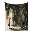 thumbnail image 1 of Fantasy Soft Flannel Fleece Blanket, Woman with Umbrella in Rain Old Town Ruins Apocalypse Superhero Action Desgin, Cozy Plush for Indoor and Outdoor Use, 50" x 70", Army Green Beige, by Ambesonne, 1 of 5