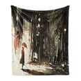 thumbnail image 1 of Fantasy Soft Flannel Fleece Blanket, Woman with Umbrella in Rain Old Town Ruins Apocalypse Superhero Action Desgin, Cozy Plush for Indoor and Outdoor Use, 70" x 90", Army Green Beige, by Ambesonne, 1 of 5