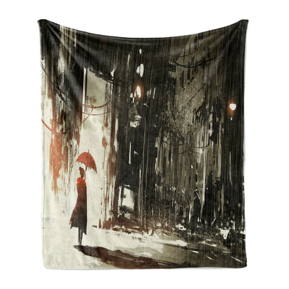 Fantasy Soft Flannel Fleece Blanket, Woman with Umbrella in Rain Old Town Ruins Apocalypse Superhero Action Desgin, Cozy Plush for Indoor and Outdoor Use, 70" x 90", Army Green Beige, by Ambesonne