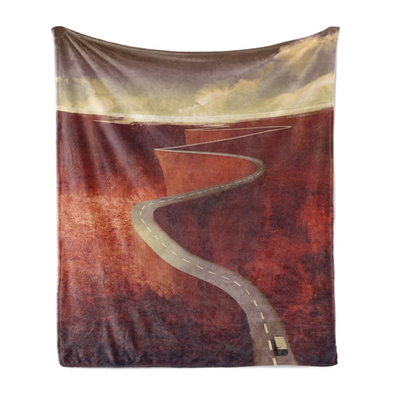 Fantasy Soft Flannel Fleece Throw Blanket, Absurd Scenic Road with Truck Extreme Winding Curve on Cliffs Theme Print, Cozy Plush for Indoor and Outdoor Use, 50" x 60", Dark Orange Cream, by Ambesonne