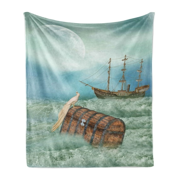 Fantasy Soft Flannel Fleece Throw Blanket, Antique Old Trunk in Ocean Waves Magic Bird Pirate Boat Picture, Cozy Plush for Indoor and Outdoor Use, 50" x 70", Mint Green Pale Caramel, by Ambesonne