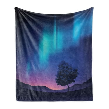 Fantasy Soft Flannel Fleece Throw Blanket, Aurora Borealis with a Tree in Arctic Region Rare Sky up View Print, Cozy Plush for Indoor and Outdoor Use, 50" x 60", Blue Purple, by Ambesonne