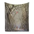 thumbnail image 1 of Fantasy Soft Flannel Fleece Throw Blanket, Boy Looking up Red Balloon Stuck on Tree Branch in Foggy Forest Creepy Picture Print, Cozy Plush for Indoor and Outdoor Use, 70" x 90", Brown, by Ambesonne, 1 of 5