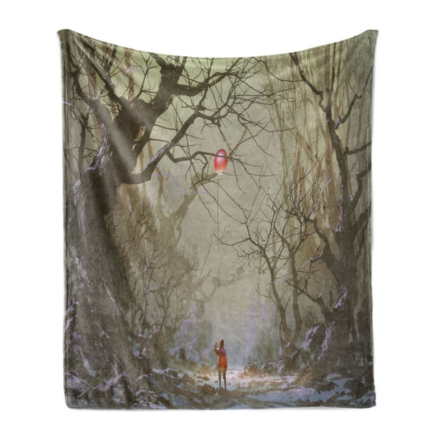 Fantasy Soft Flannel Fleece Throw Blanket, Boy Looking up Red Balloon Stuck on Tree Branch in Foggy Forest Creepy Picture Print, Cozy Plush for Indoor and Outdoor Use, 70" x 90", Brown, by Ambesonne