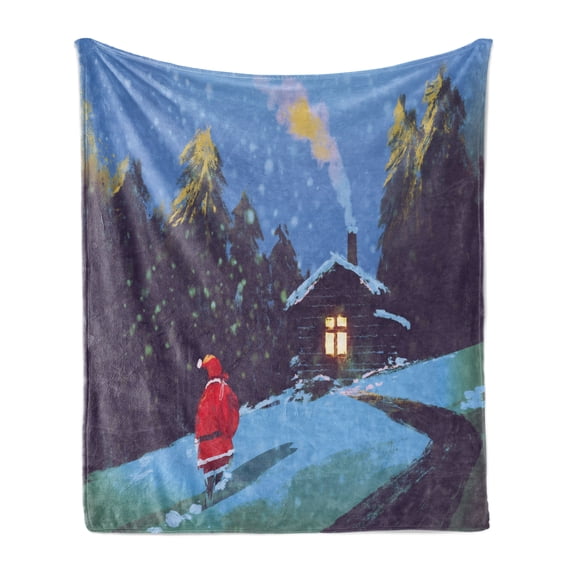 Fantasy Soft Flannel Fleece Throw Blanket, Christmas Santa Claus Walking to the Mountain House Surrounded by Pines Scenery, Cozy Plush for Indoor and Outdoor Use, 50" x 60", Multicolor, by Ambesonne