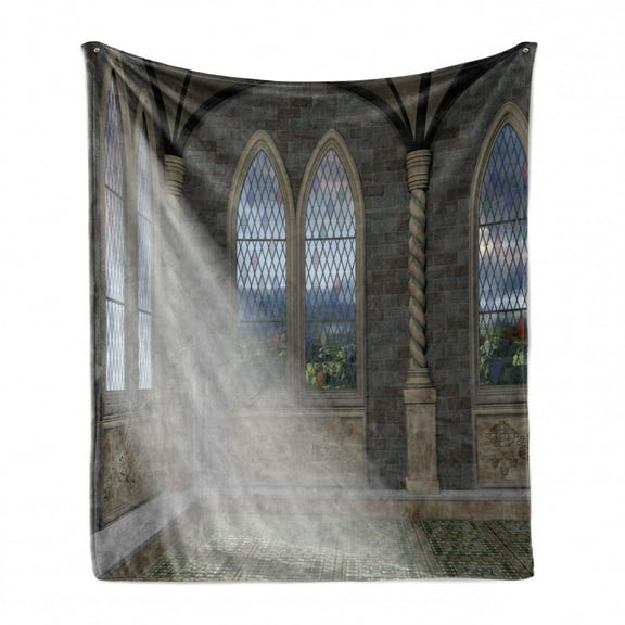 Fantasy Soft Flannel Fleece Throw Blanket, Crepuscular Rays Streaming Through Stained Glass Window Palace Castle, Cozy Plush for Indoor and Outdoor Use, 60" x 80", Grey Cream White, by Ambesonne