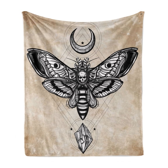Fantasy Soft Flannel Fleece Throw Blanket, Dead Head Hawk Moth Luna and Stone Magic Skull Illustration, Cozy Plush for Indoor and Outdoor Use, 60" x 80", White Black and Cream, by Ambesonne