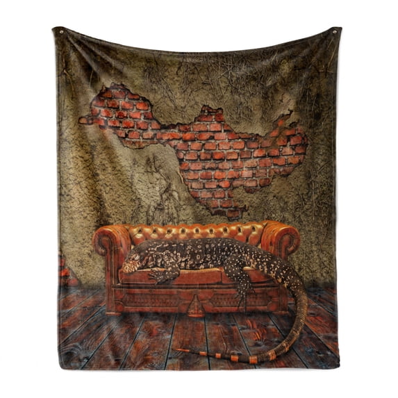 Fantasy Soft Flannel Fleece Throw Blanket, Decadence Grunge Ruin Brick Wall and a Giant Lizard on the Sofa Surreal Art, Cozy Plush for Indoor and Outdoor Use, 70" x 90", Vermilion Umber, by Ambesonne