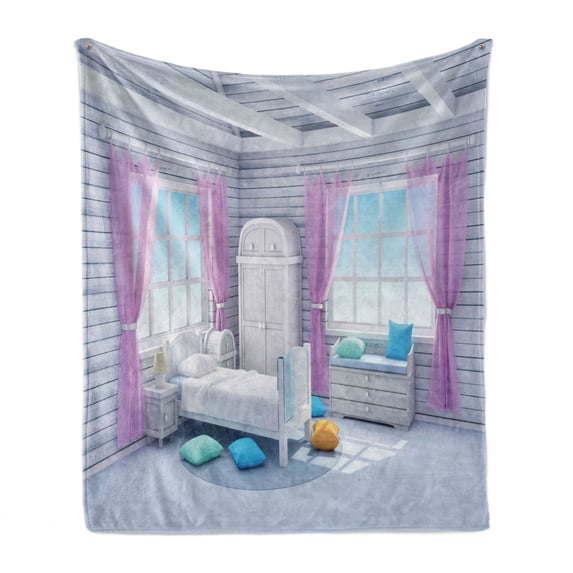 Fantasy Soft Flannel Fleece Throw Blanket, Dreamy Bedroom in Wooden House Serene Countryside Mornings Lifestyle Image, Cozy Plush for Indoor and Outdoor Use, 70" x 90", Lilac Purplegrey, by Ambesonne