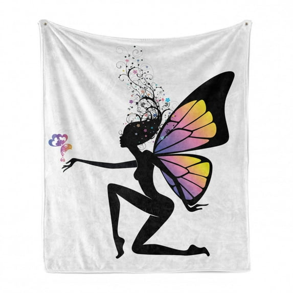 Fantasy Soft Flannel Fleece Throw Blanket, Dreamy Girl Silhouette with Butterfly Wings and Fly-Away Hair, Cozy Plush for Indoor and Outdoor Use, 50" x 70", Black and Multicolor, by Ambesonne