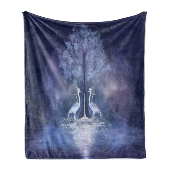 Fantasy Soft Flannel Fleece Throw Blanket, Fabulous Herons and Tree in Living Water Fictional Mythical Illusory Dreamy Creature, Cozy Plush for Indoor and Outdoor Use, 70" x 90", Purple, by Ambesonne