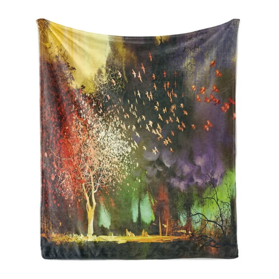 Fantasy Soft Flannel Fleece Throw Blanket, Fairy Forest with Mysterious Trees and Birds Supernatural Vivid Wonder World, Cozy Plush for Indoor and Outdoor Use, 50" x 70", Yellow Purple, by Ambesonne