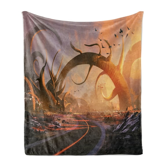 Fantasy Soft Flannel Fleece Throw Blanket, Fairytale Fiction Design with Mystic Twisted Branches on the Highway at Sunset, Cozy Plush for Indoor and Outdoor Use, 50" x 70", Multicolor, by Ambesonne