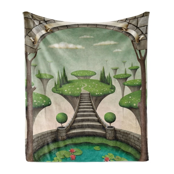 Fantasy Soft Flannel Fleece Throw Blanket, Fairytale Landscape View with Hanging Islands and a Pond with Lilies, Cozy Plush for Indoor and Outdoor Use, 70" x 90", Umber Green Turquoise, by Ambesonne