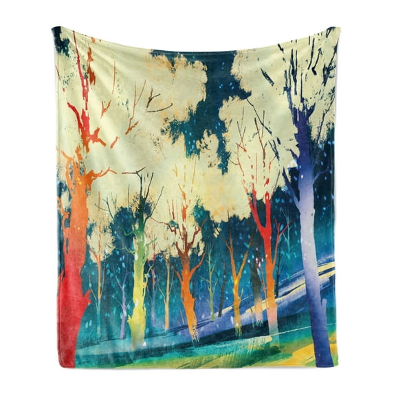 Fantasy Soft Flannel Fleece Throw Blanket, Fictional Forest with Stereoscope Trees Dimensional Vibrant Colored Depth Image, Cozy Plush for Indoor and Outdoor Use, 50" x 60", Multicolor, by Ambesonne