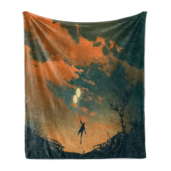 Fantasy Soft Flannel Fleece Throw Blanket, Flying Man with Balloons in Sky Starry Night Freedom Fun Theme Illustration, Cozy Plush for Indoor and Outdoor Use, 50" x 70", Orange Ash Grey, by Ambesonne