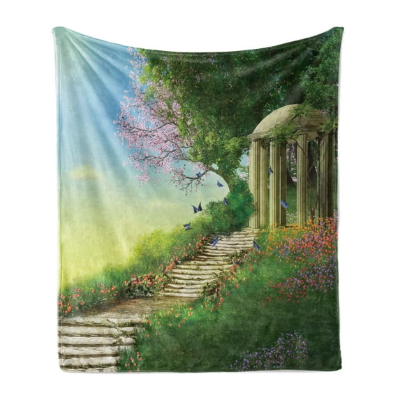 Fantasy Soft Flannel Fleece Throw Blanket, Gazebo at the Top of a Hill with Stone Stairs and Flowers Medieval Land, Cozy Plush for Indoor and Outdoor Use, 60" x 80", Multicolor, by Ambesonne