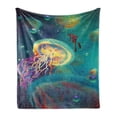 thumbnail image 1 of Fantasy Soft Flannel Fleece Throw Blanket, Giant Jellyfish and Diver in the Sea Underwater Submarine Aquatic Artwork Print, Cozy Plush for Indoor and Outdoor Use, 50" x 60", Teal Purple, by Ambesonne, 1 of 6