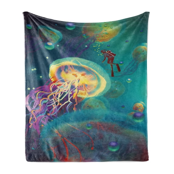 Fantasy Soft Flannel Fleece Throw Blanket, Giant Jellyfish and Diver in the Sea Underwater Submarine Aquatic Artwork Print, Cozy Plush for Indoor and Outdoor Use, 50" x 60", Teal Purple, by Ambesonne