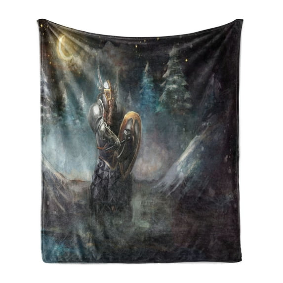 Fantasy Soft Flannel Fleece Throw Blanket, Illustration of Medival Dwarf Knight in Gothic Shield in Mysterious Forest, Cozy Plush for Indoor and Outdoor Use, 70" x 90", Multicolor, by Ambesonne