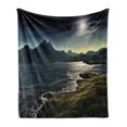 thumbnail image 1 of Fantasy Soft Flannel Fleece Throw Blanket, Image of Dark Surreal Landscape Sunbeams over Ocean Seacoast Cliff Mountain, Cozy Plush for Indoor and Outdoor Use, 60" x 80", Navy Green, by Ambesonne, 1 of 6
