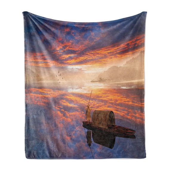 Fantasy Soft Flannel Fleece Throw Blanket, Imaginary World Man Shipping on His Boat Rowing Fluffy Clouds Endless View Image, Cozy Plush for Indoor and Outdoor Use, 50" x 70", Multicolor, by Ambesonne
