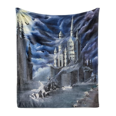 Fantasy Soft Flannel Fleece Throw Blanket, Island with Castle Full Moon Cloudy Dramatic Sky Foggy Weather, Cozy Plush for Indoor and Outdoor Use, 50" x 60", Dark Blue Grey White, by Ambesonne