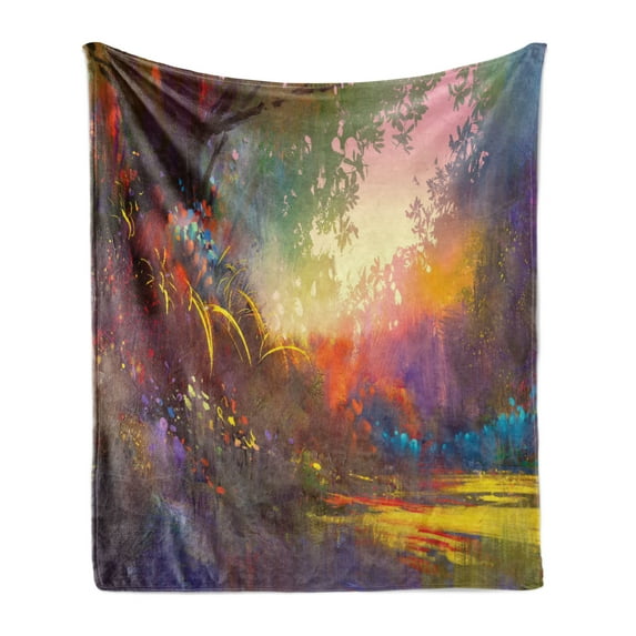 Fantasy Soft Flannel Fleece Throw Blanket, Lake with Brush Effects Surreal Nature Elf Tranquil and Serene Art Print, Cozy Plush for Indoor and Outdoor Use, 70" x 90", Multicolor, by Ambesonne