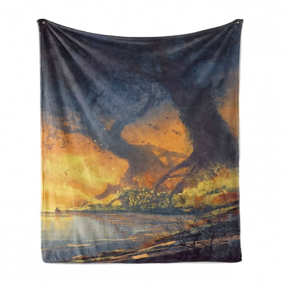 Fantasy Soft Flannel Fleece Throw Blanket, Landscape Painting of Big Trees with Huge Roots at Sunset Beach Seaside, Cozy Plush for Indoor and Outdoor Use, 70" x 90", Orange Blue, by Ambesonne