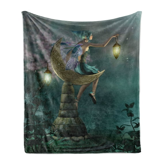Fantasy Soft Flannel Fleece Throw Blanket, Little Pixie Lantern Sitting Moon Stone Fairytale Myth Artwork, Cozy Plush for Indoor and Outdoor Use, 50" x 70", Yellow Teal Lilac, by Ambesonne