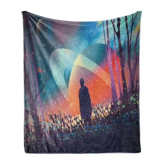 Fantasy Soft Flannel Fleece Throw Blanket, Man Alone Under Vibrant Colored Reflections of Galaxy Planets Space Cosmos Art, Cozy Plush for Indoor and Outdoor Use, 60" x 80", Multicolor, by Ambesonne