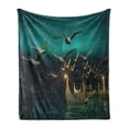 thumbnail image 1 of Fantasy Soft Flannel Fleece Throw Blanket, Medieval Boats Birds Flying Adventure Illustration, Cozy Plush for Indoor and Outdoor Use, 70" x 90", Sand Brown Dark Teal, by Ambesonne, 1 of 5