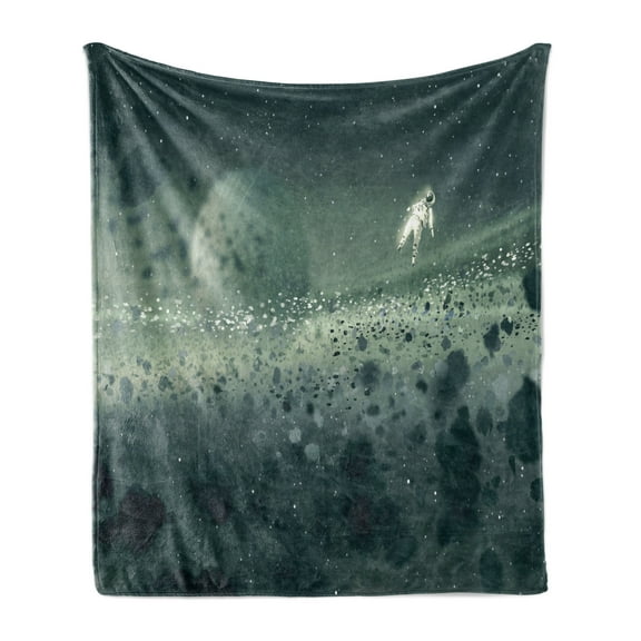 Fantasy Soft Flannel Fleece Throw Blanket, Moon Journey of an Astronaut on the Surface Outer Space Asteroid Field Universe, Cozy Plush for Indoor and Outdoor Use, 50" x 60", Grey White, by Ambesonne