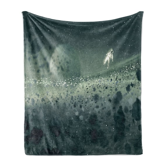 Fantasy Soft Flannel Fleece Throw Blanket, Moon Journey of an Astronaut on the Surface Outer Space Asteroid Field Universe, Cozy Plush for Indoor and Outdoor Use, 50" x 70", Grey White, by Ambesonne