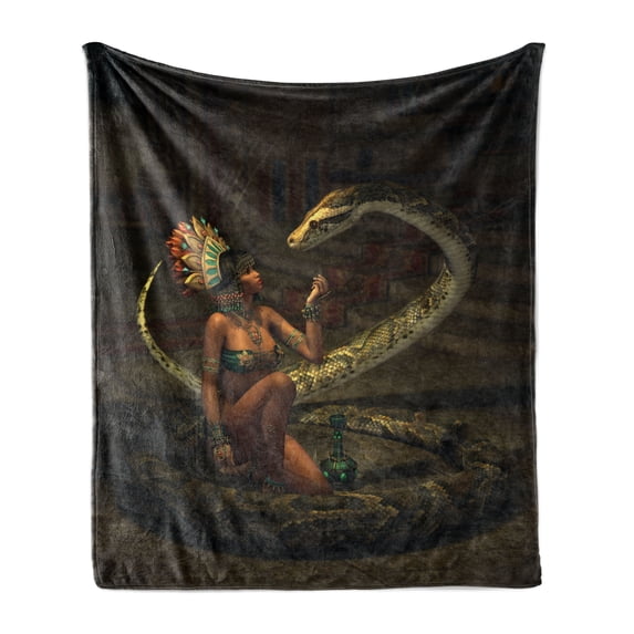 Fantasy Soft Flannel Fleece Throw Blanket, Mystery Dark Skin Girl with Headdress Eye to Eye with Snake Fairy Tale, Cozy Plush for Indoor and Outdoor Use, 50" x 70", Green Brown Cinnamon, by Ambesonne