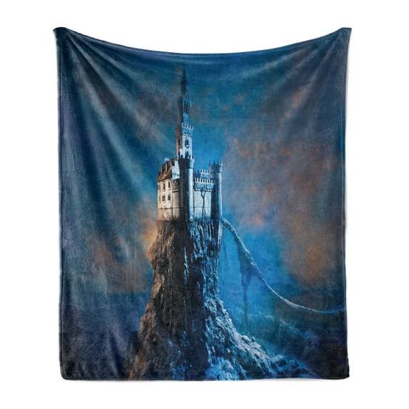 Fantasy Soft Flannel Fleece Throw Blanket, Old Castle on a Rocky Hill Top Mysterious Medieval Architecture, Cozy Plush for Indoor and Outdoor Use, 70" x 90", Blue Pale Orange Cream, by Ambesonne