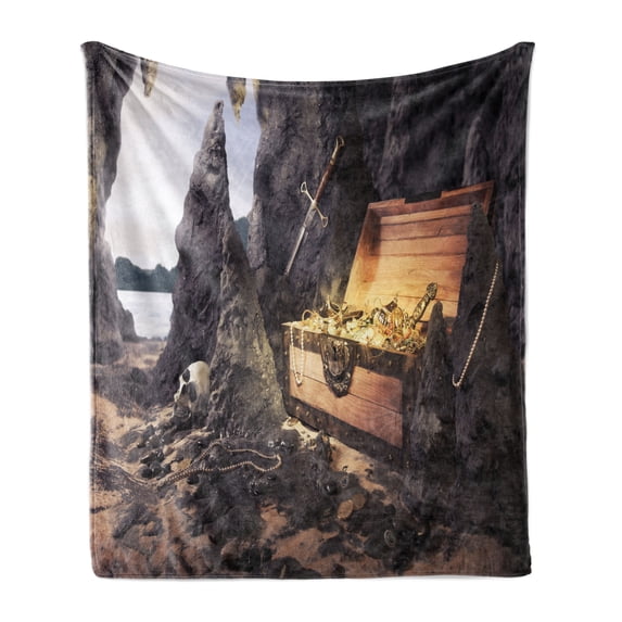 Fantasy Soft Flannel Fleece Throw Blanket, Open Treasure Chest with Gold Coins in Cave Pirate Fairy Illustration, Cozy Plush for Indoor and Outdoor Use, 50" x 60", Charcoal Grey Amber, by Ambesonne
