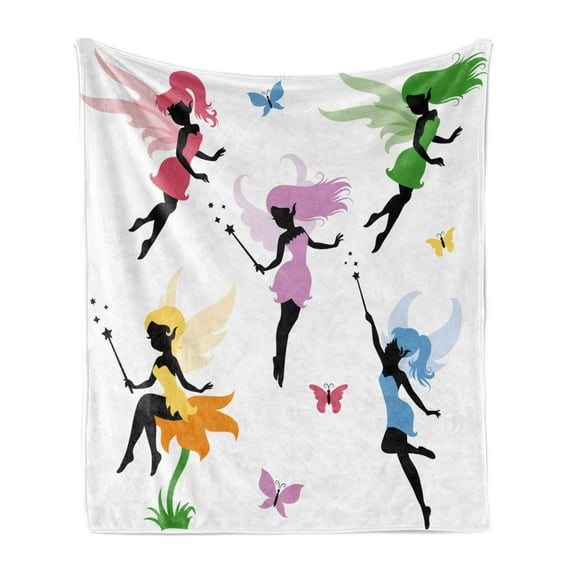 Fantasy Soft Flannel Fleece Throw Blanket, Pixie Elf Fairies Flying with Butterflies Girls Princess Flowers Design, Cozy Plush for Indoor and Outdoor Use, 50" x 70", Multicolor, by Ambesonne