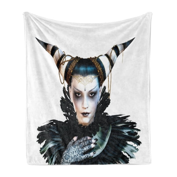 Fantasy Soft Flannel Fleece Throw Blanket, Portrait of a Gothic Lady with a Carnival Costume Black Lipstick and Hair Horns, Cozy Plush for Indoor and Outdoor Use, 60" x 80", White Black, by Ambesonne