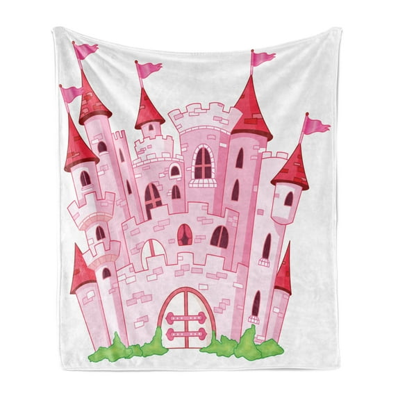 Fantasy Soft Flannel Fleece Throw Blanket, Princess Castle Fairy Tale Princess Magic Kingdom Cartoon Illustration Art, Cozy Plush for Indoor and Outdoor Use, 50" x 70", Pink White, by Ambesonne