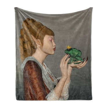 Fantasy Soft Flannel Fleece Throw Blanket, Princess Kissing Frog Prince 3 Dimensional Design Fairytale Characters Magic, Cozy Plush for Indoor and Outdoor Use, 50" x 60", Multicolor, by Ambesonne