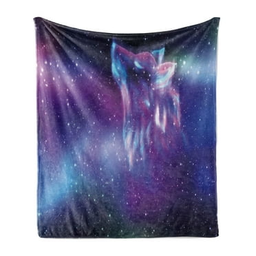 Fantasy Soft Flannel Fleece Throw Blanket, Psychedelic Northern Starry Sky of a Wolf Aurora Borealis Display, Cozy Plush for Indoor and Outdoor Use, 50" x 70", Blue Purple, by Ambesonne