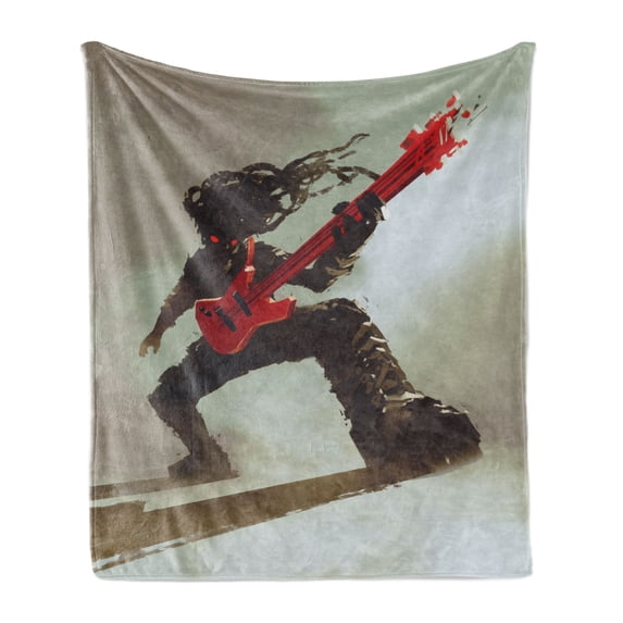 Fantasy Soft Flannel Fleece Throw Blanket, Rocker Guitarist Playing Bass Headbanging Hipster Rock Display Red Eyes Art Print, Cozy Plush for Indoor and Outdoor Use, 50" x 60", Red Grey, by Ambesonne