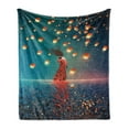 thumbnail image 1 of Fantasy Soft Flannel Fleece Throw Blanket, Sorcerer Woman with Red Dress Standing on Water with Lanterns on Air Fantasy Art, Cozy Plush for Indoor and Outdoor Use, 50" x 60", Navy Blue, by Ambesonne, 1 of 5