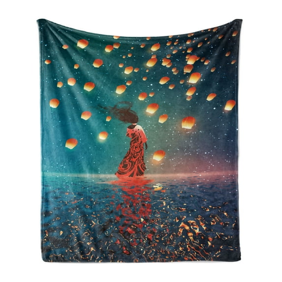 Fantasy Soft Flannel Fleece Throw Blanket, Sorcerer Woman with Red Dress Standing on Water with Lanterns on Air Fantasy Art, Cozy Plush for Indoor and Outdoor Use, 60" x 80", Navy Blue, by Ambesonne